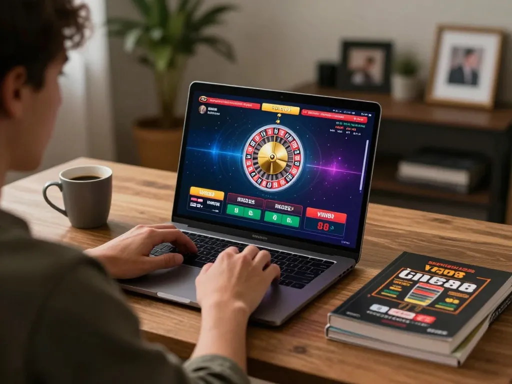 Engaging in online casino gaming at vin88 with a laptop and betting strategy notes.
