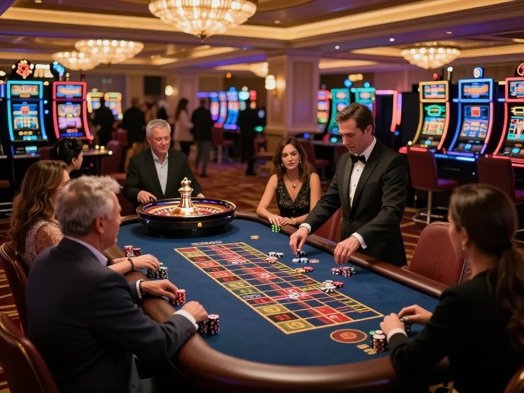 Players enjoying an exciting roulette game at RR88 casino, surrounded by vibrant lights and elegant atmosphere