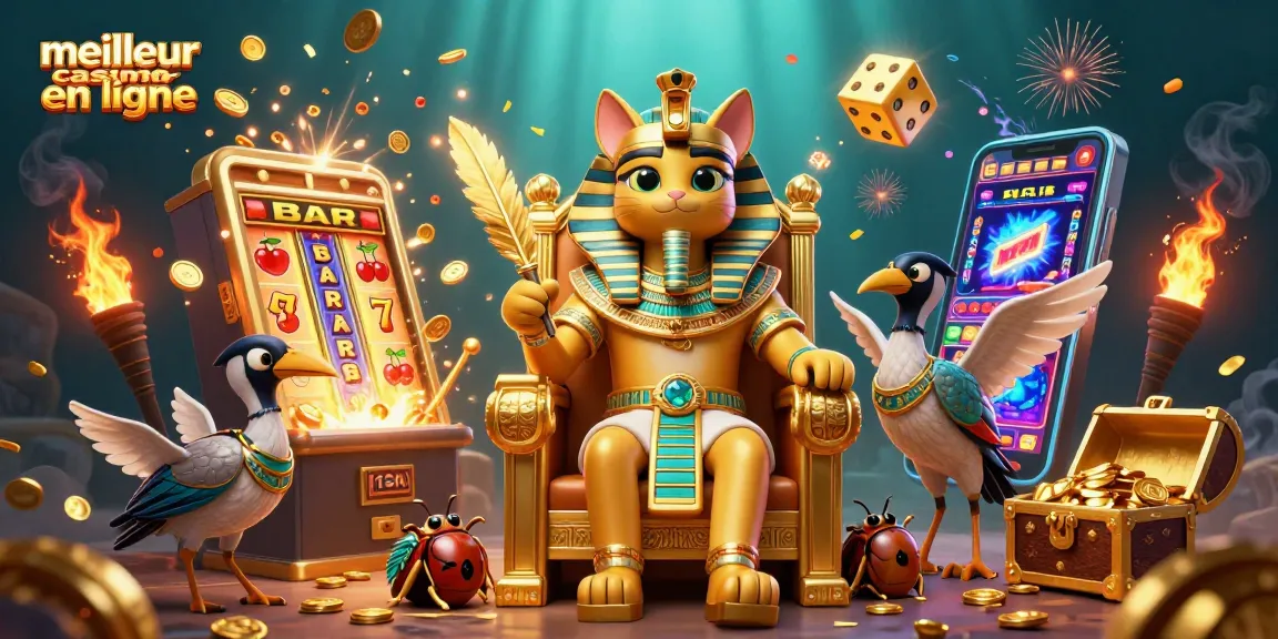Visitez le meilleur casino en ligne avec un pharaon égyptien entouré de jetons et de jeux animés.