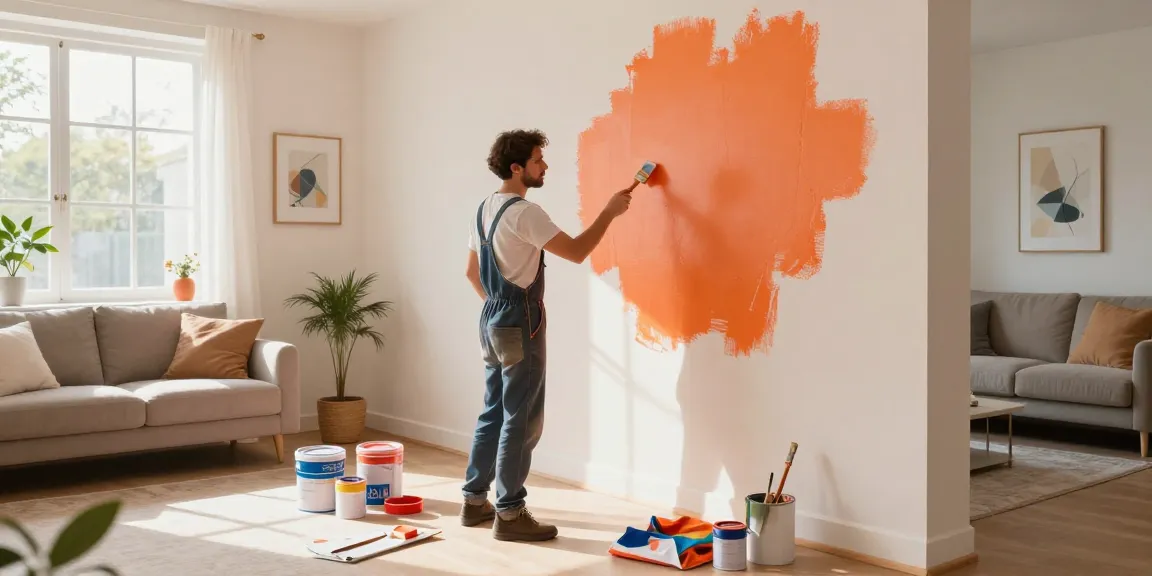 Interior painting services in action, painter adding vibrant color to a living room wall, showcasing home transformation.