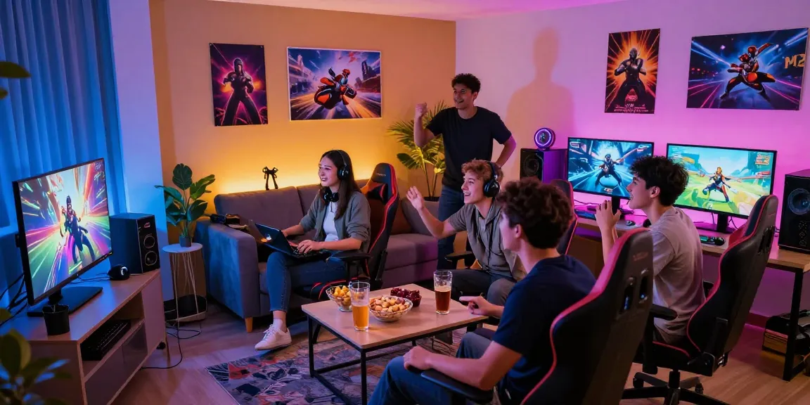 Friends enjoying a gaming session at home, showcasing playbook88 link interaction.
