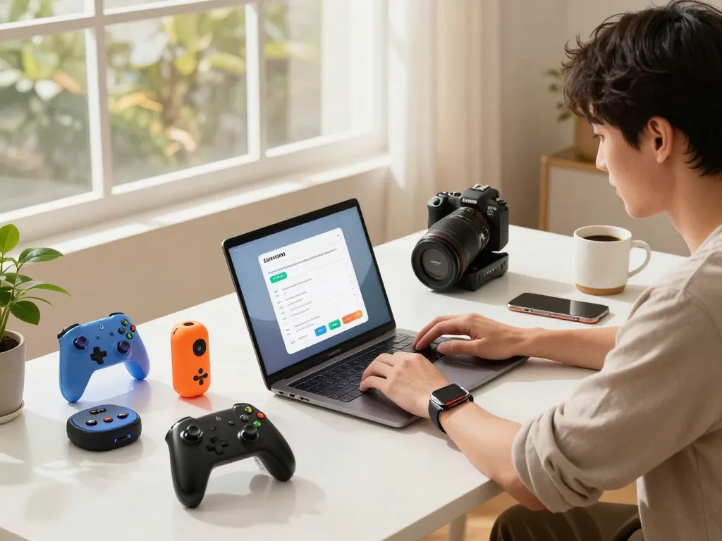 Exploring the top 10 tech gadgets 2054 in a modern home office with Bluetooth innovations, warm light, and engaging workspace.