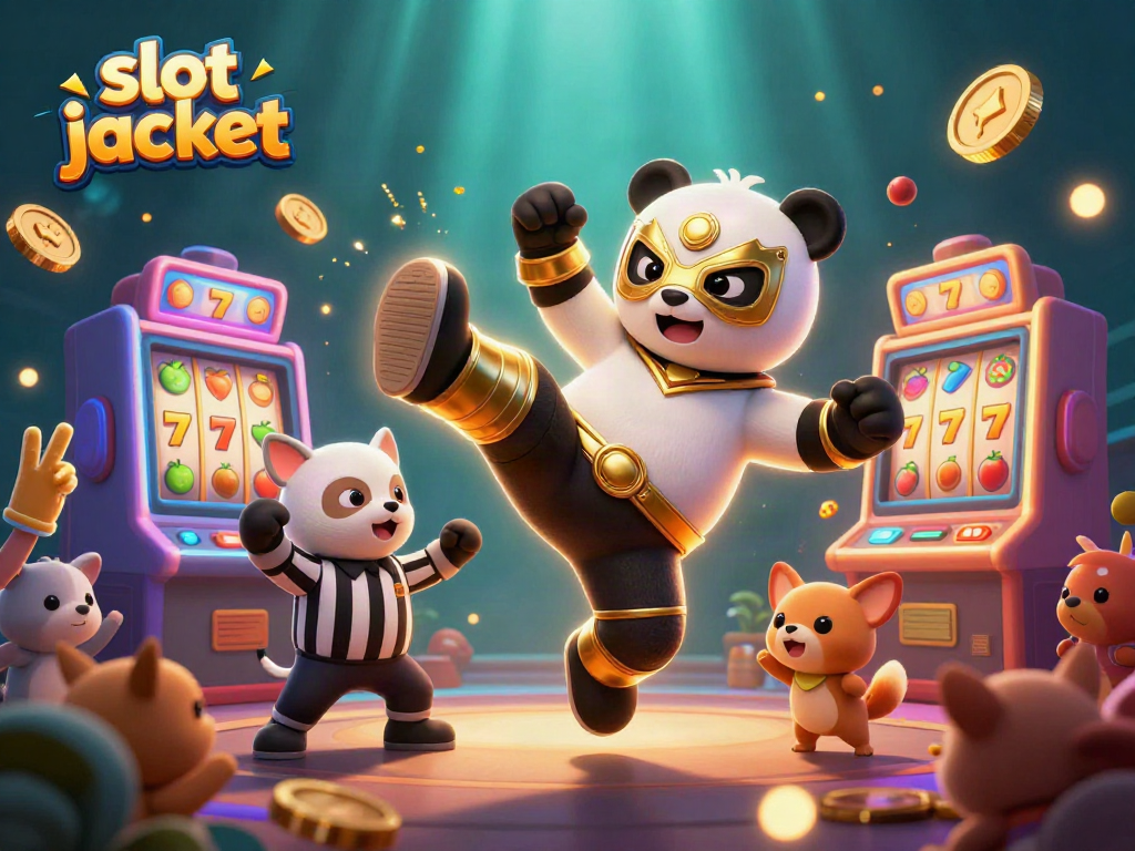Experience thrilling action as a panda wrestler kicks amidst vibrant slot jackpot symbols and dynamic animal spectators.