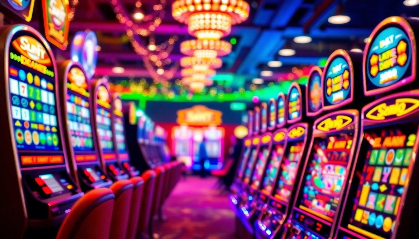 Slot Depo 5000 permainan menarik di mesin slot yang berkilau dan ramai.