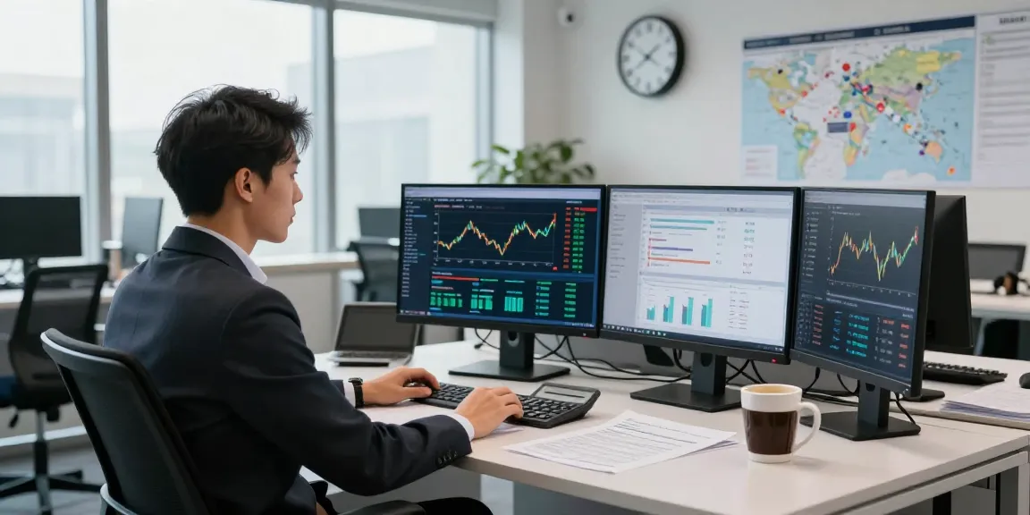 Analyzing financial crime intelligence in a modern office setting with data dashboards and reports on display.