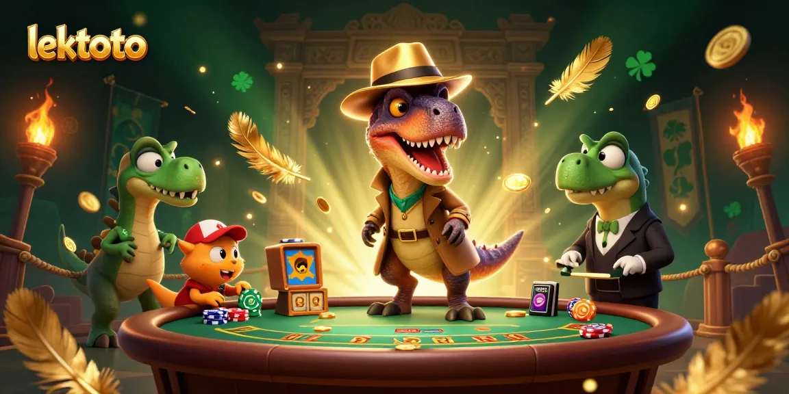 Experience lektoto action with a velociraptor card counter at a lively blackjack table in an animated casino.