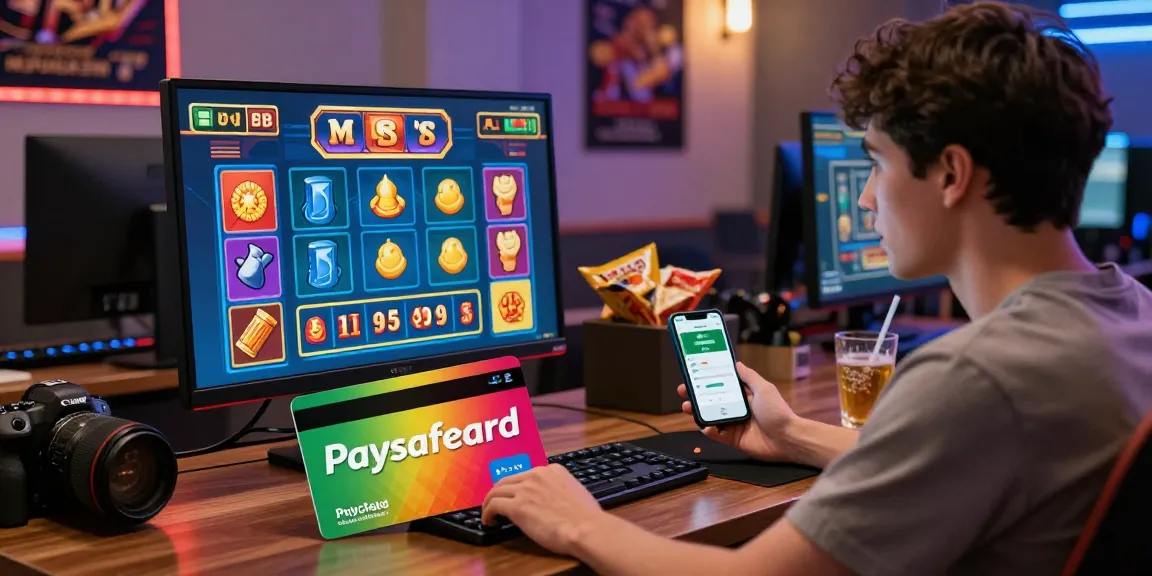 Engagierter Spieler in einem Paysafe Card Casino, umgeben von Spielgrafiken, zeigt eine bunte Paysafecard auf dem Tisch.