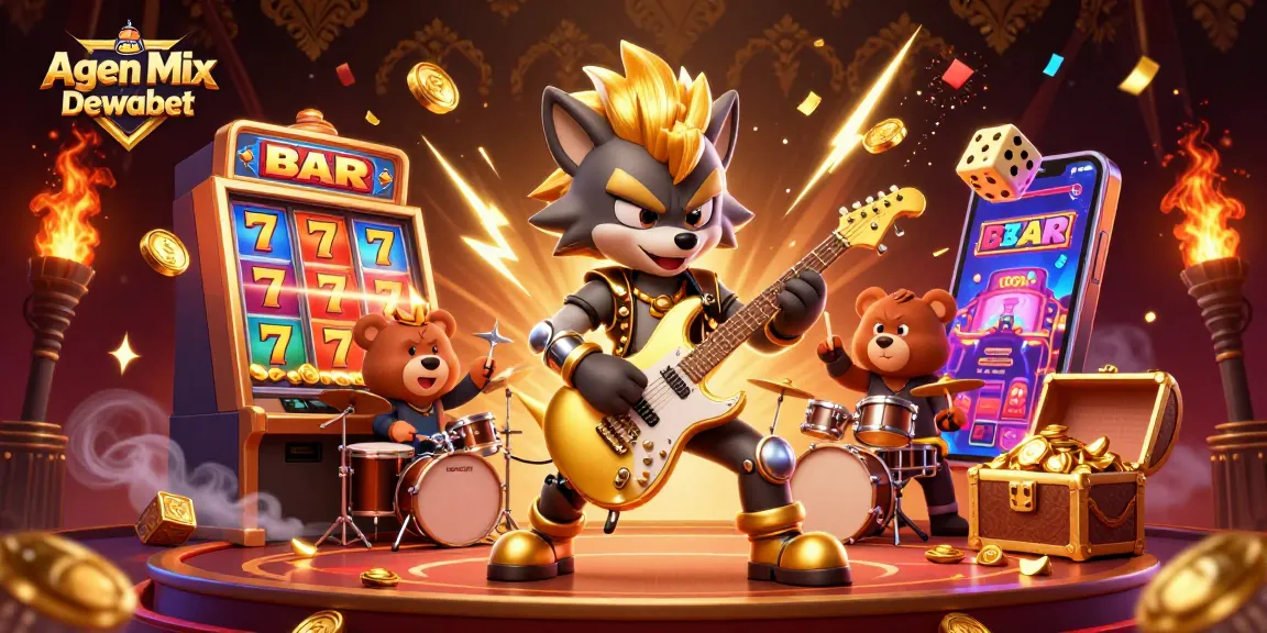 Agen Mix Parlay Dewabet showcases exhilarating slot action with cartoon characters amidst a jackpot explosion.