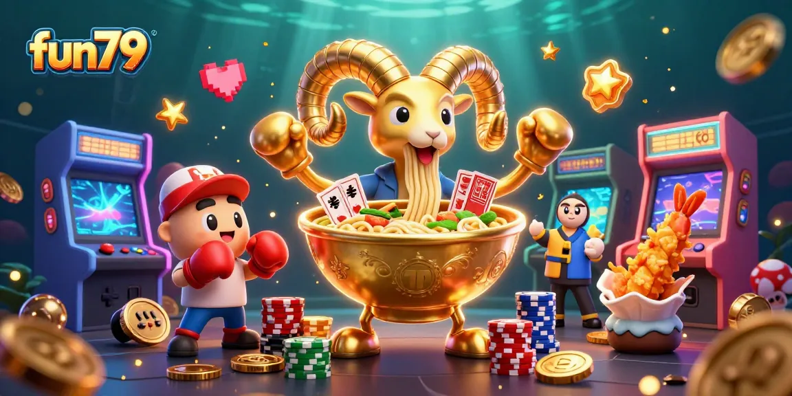 Capture the thrilling action of fun79 with golden ramen bowl characters and casino elements in stunning 3D.