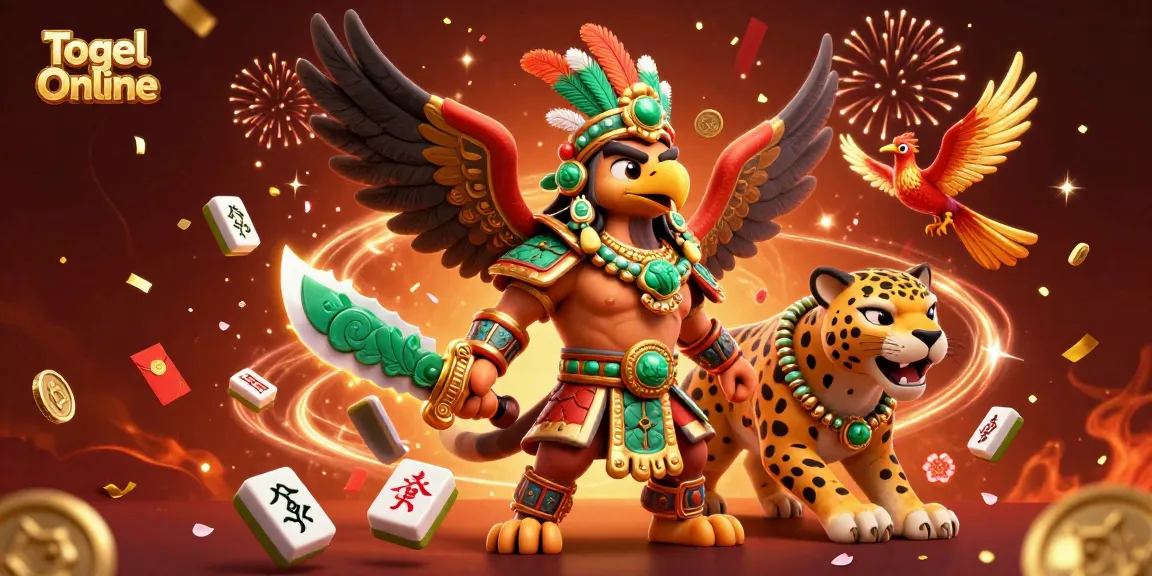 Engage with Togel Online in a vibrant 3D scene featuring an Aztec warrior and exciting gaming elements.