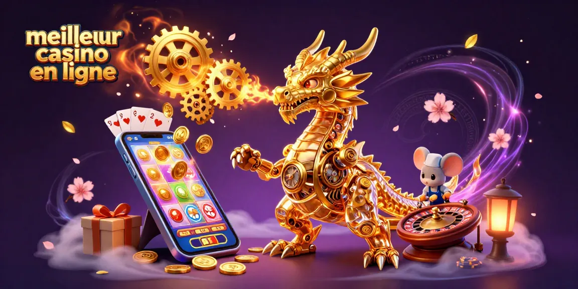 Découvrez le meilleur casino en ligne avec un dragon mécanique doré et une souris ingénieur, entouré d'éléments de jeu captivants.