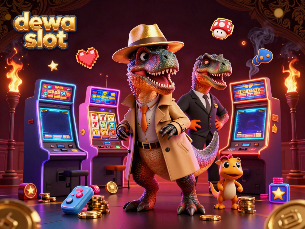 Raptor curang bermain dewa slot dengan tumpukan chip yang dicuri di mesin slot.