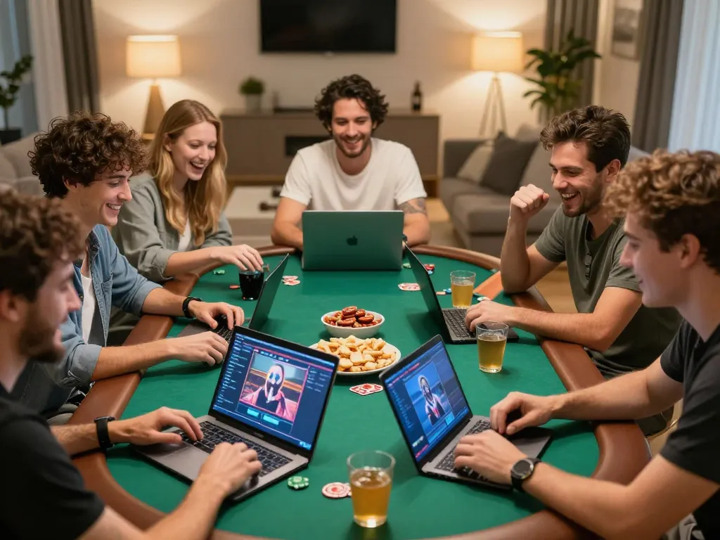Friends enjoying an online poker game on laptops, highlighting vaobet's exciting gameplay experience