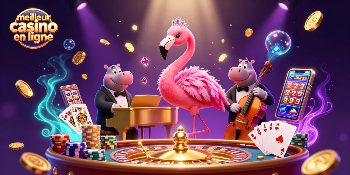 Découvrez le meilleur casino en ligne avec cette scène dynamique illustrant un flamingo chanteur et un hippopotame bassiste, entourés de jeux et de pièces dorées.