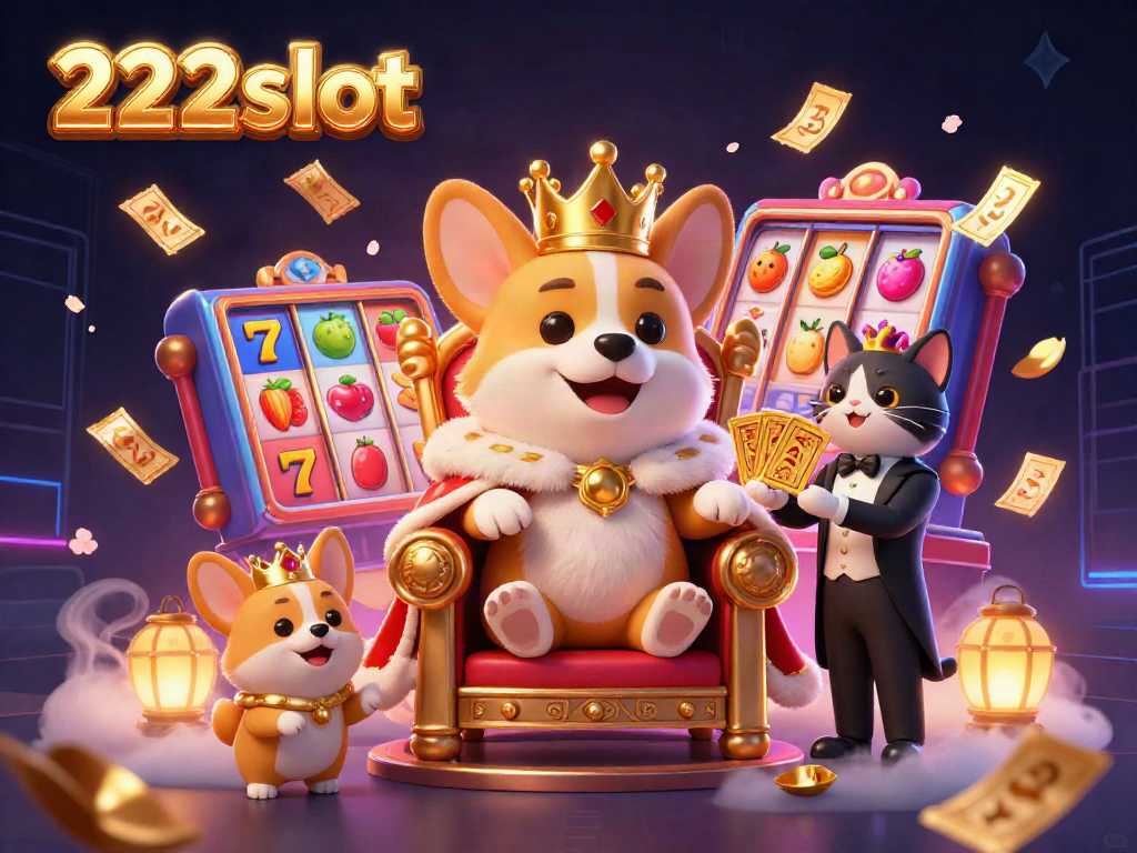 Gambaran slot berwarna-warni dengan corgi kerajaan mengenakan mahkota, berfungsi keras untuk 222slot di kasino.