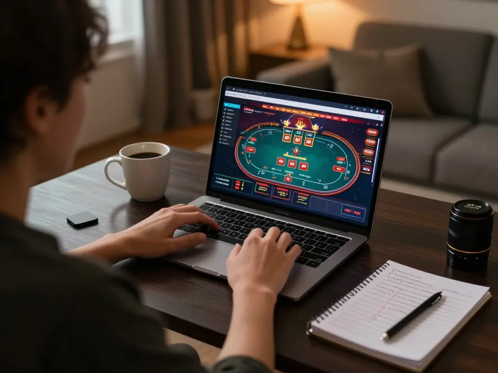 Engaging in online 包网 gaming with a laptop and strategy notes in a cozy home environment