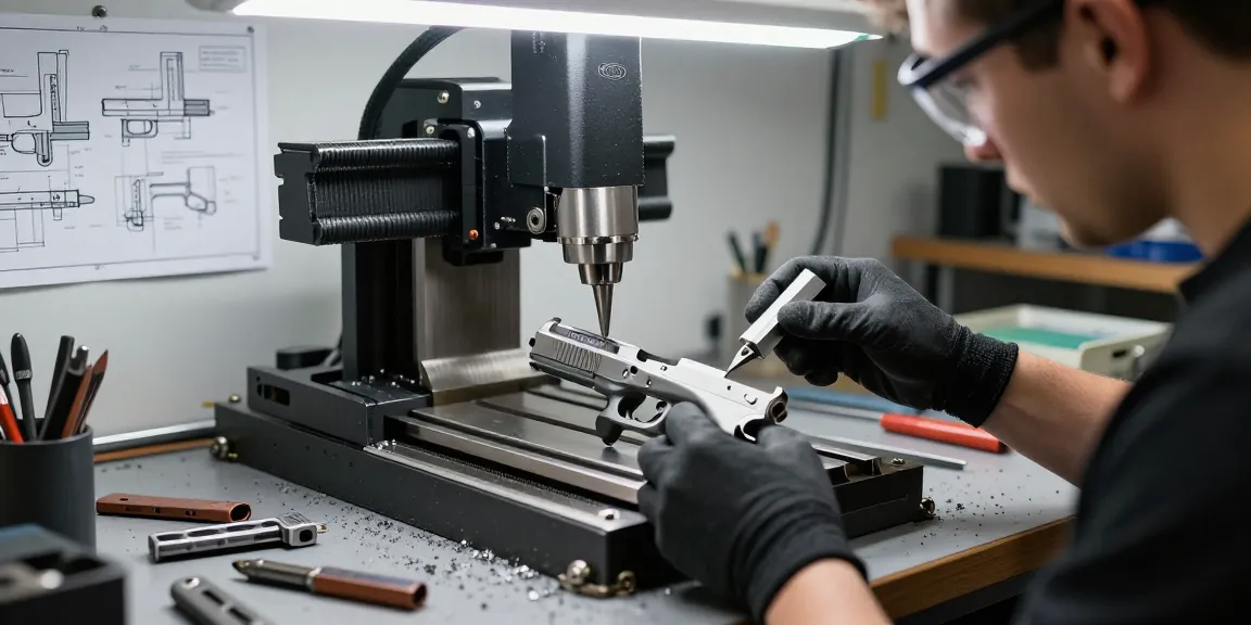 Custom Glock slide workbench at https://precisionglockslides.com showcasing expert craftsmanship and tooling details.