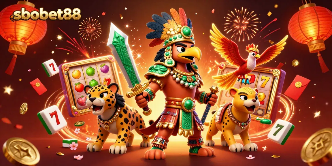 sbobet88 brings excitement with Aztec warriors and bright slot symbols in a rich 3D digital scene.