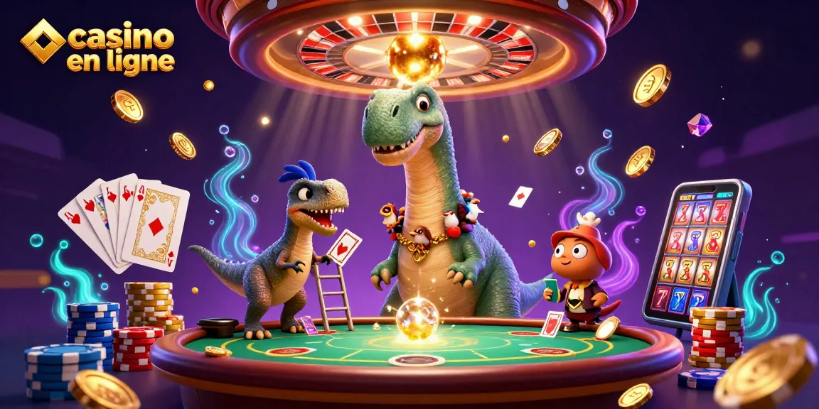 Casino en ligne aux machines à sous, illustrant des personnages amusants comme un brontosaure et un raptor avec des cartes.
