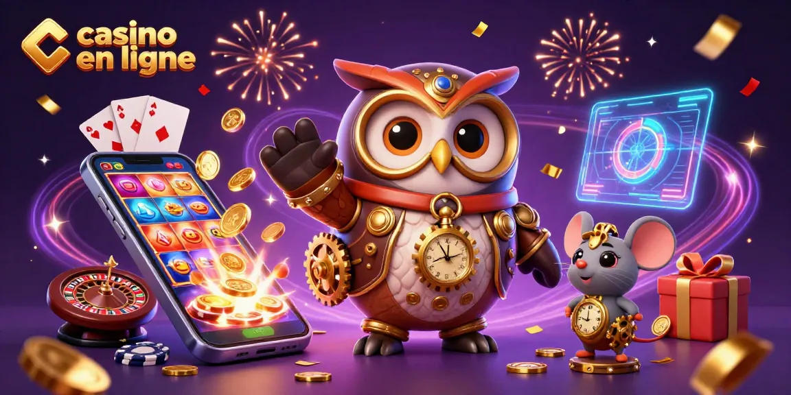 Jouez et gagnez au casino en ligne grâce à cette illustration d'un hibou voyageur temporel entouré d'éléments de jeu