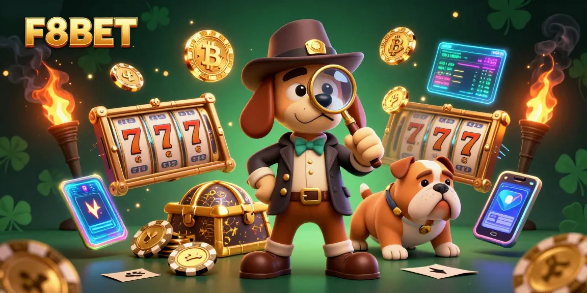 F8BET offers an engaging scene with a detective and bulldog exploring clues in a lively casino environment.