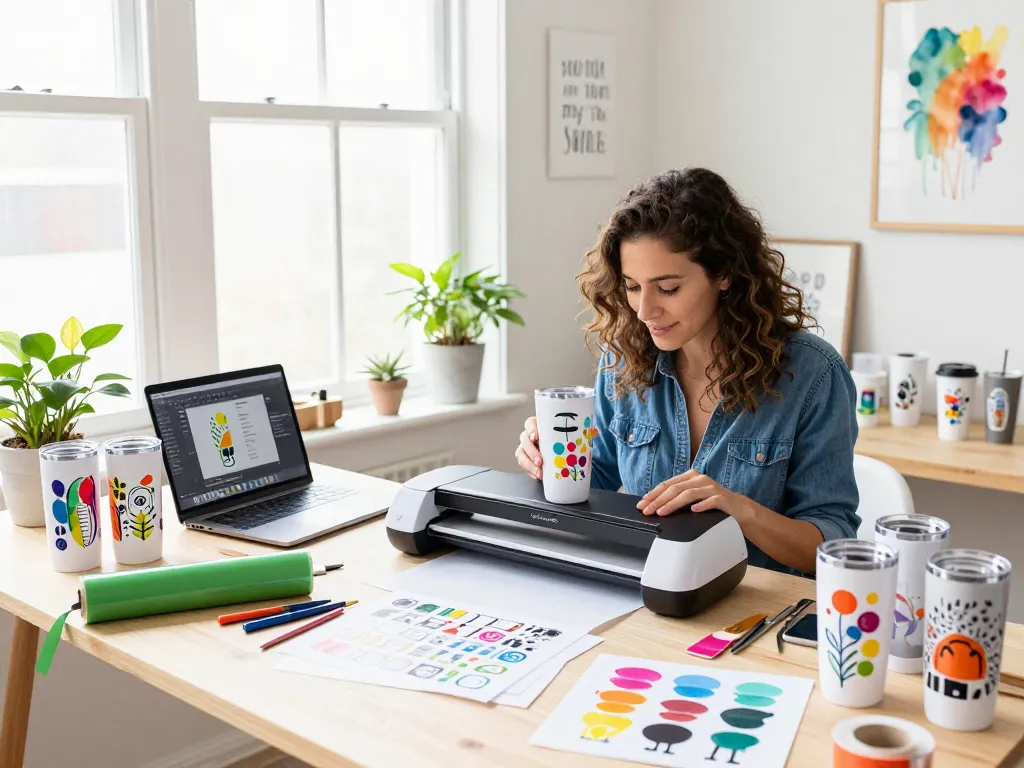Designer crafting custom tumblers with colorful SVG files in a bright studio.
