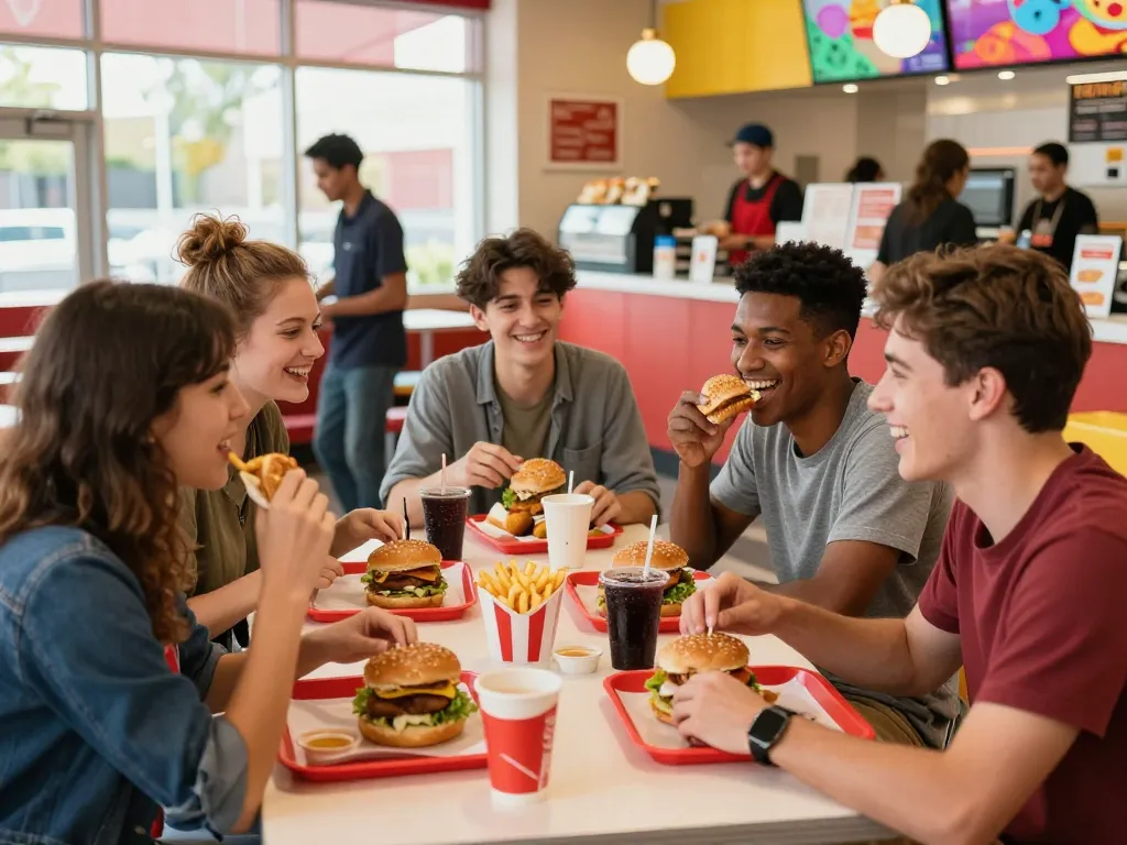 Enjoying fast food prices at a lively restaurant table filled with burgers and fries.