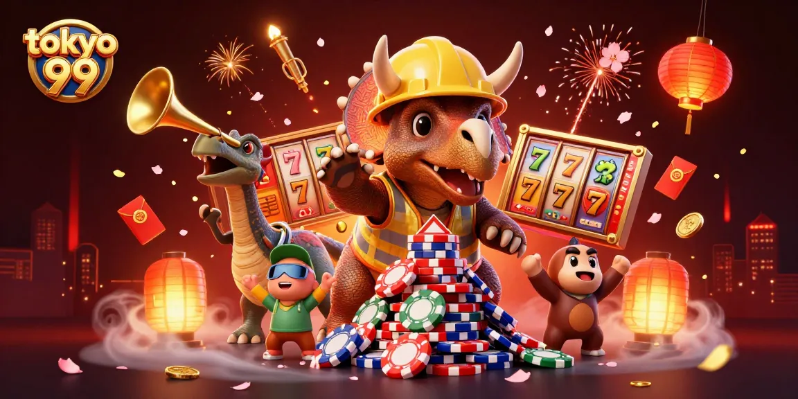 Permainan slot di tokyo 99: Triceratops membangun tumpukan chip poker dikelilingi oleh elemen keberuntungan.