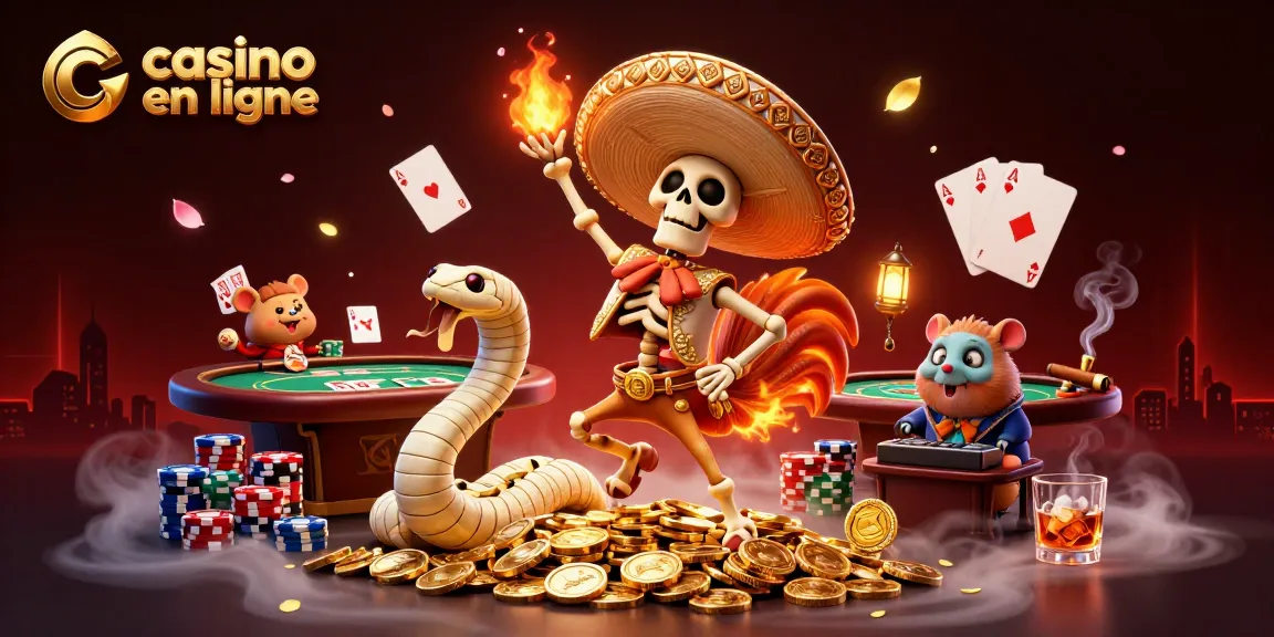 Plongez dans le monde du casino en ligne avec une illustration animée de personnages festifs.