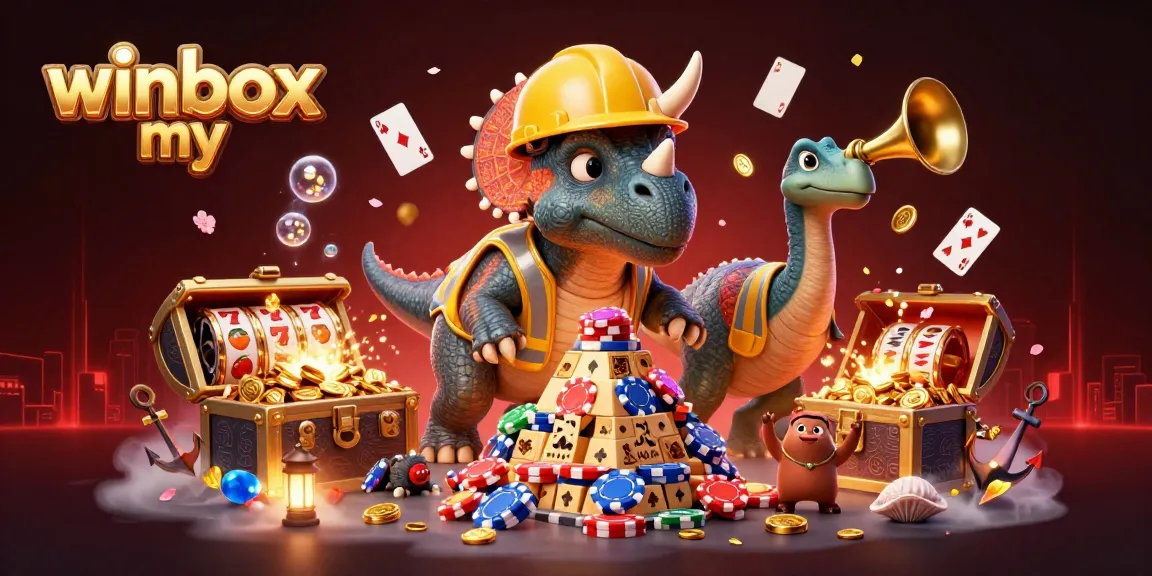 Winbox my showcases a vibrant scene of a triceratops and companions celebrating casino wins amid exploding gold coins and fun gaming elements.