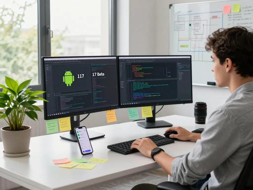 Android 17 Beta development workspace with dual monitors and coding tools