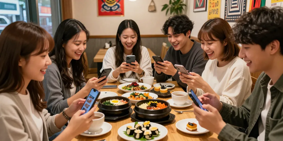 Cultural exchange scene at café with friends enjoying Korean cuisine while exploring content from https://hanadultalk.com.