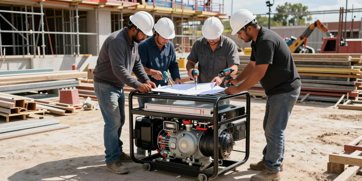Diesel generators powering construction site activities with workers using tools and blueprints.