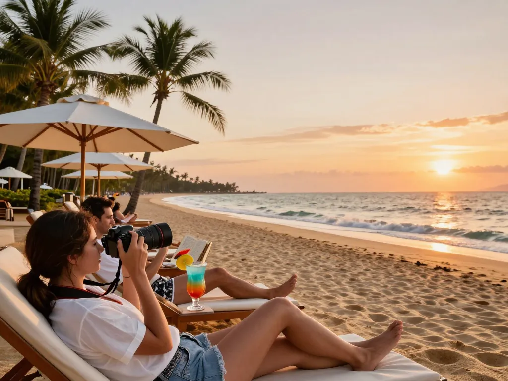 Travelers enjoying a relaxing day at MM88 beach resort with cocktails and sunset ambiance.