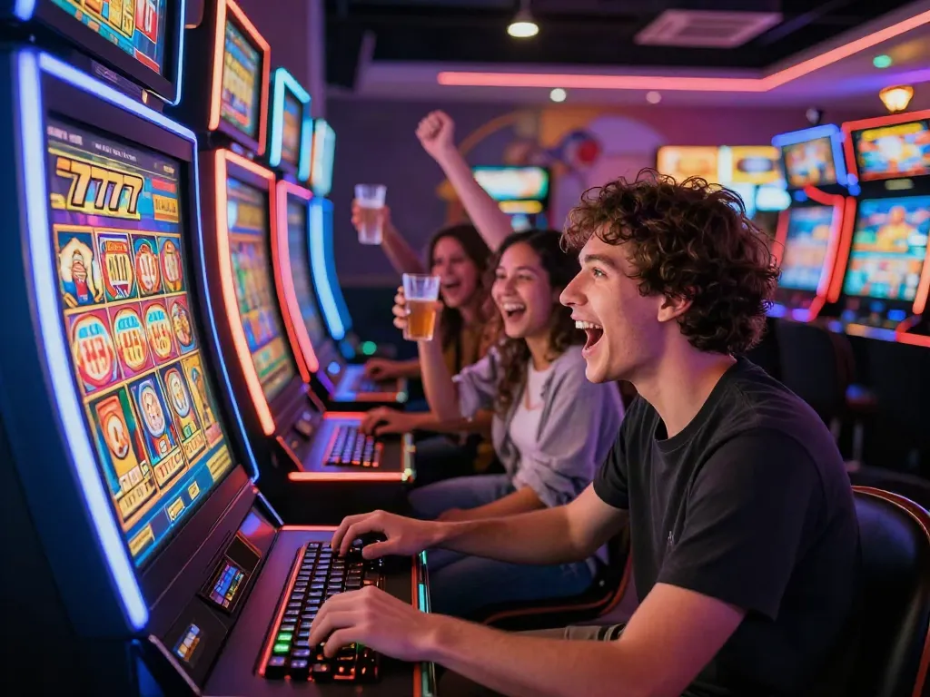 Pengguna bermain mesin slot777 dengan antusias, dipenuhi dengan suasana gembira dan sorakan teman-teman.