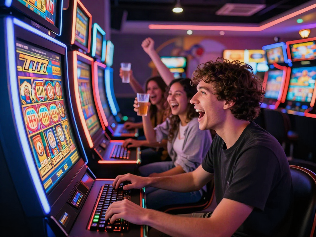 Pengguna bermain mesin slot777 dengan antusias, dipenuhi dengan suasana gembira dan sorakan teman-teman.