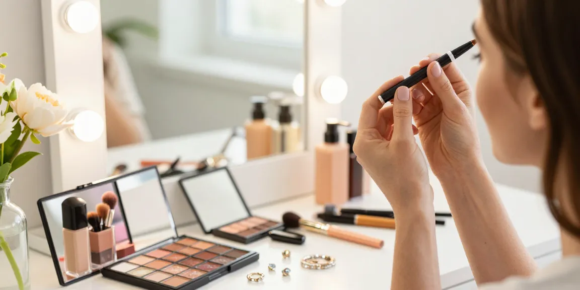 Applying eyebrow pen at a makeup vanity with vibrant beauty products and natural light.