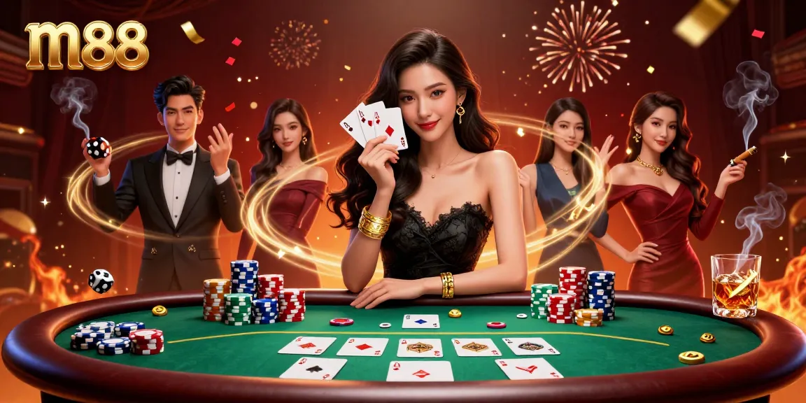 Engage with thrilling m88 gaming vibes as a stylish Asian woman elegantly displays two ace cards.