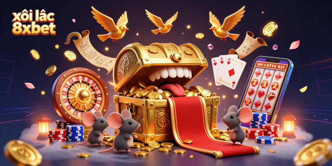 Engage with xôi lạc 8xbet as golden treasure chests and colorful poker chips create an exciting casino scene.