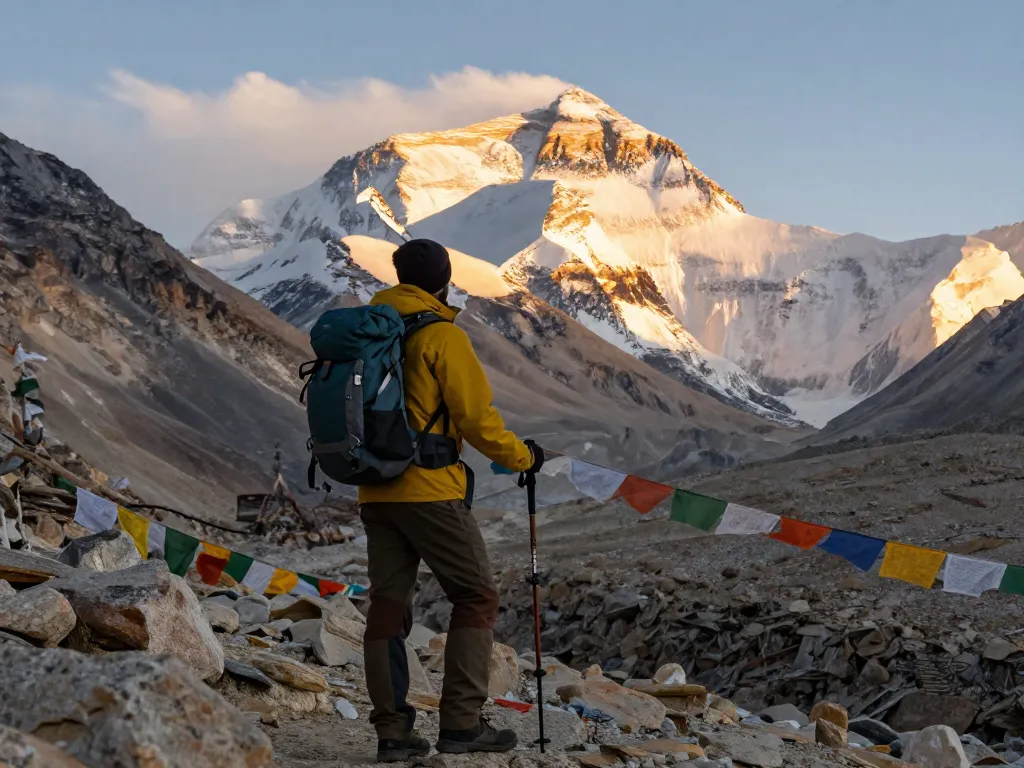 Everest Base Camp Heli Trek adventure scene with traveler gazing at Mount Everest.