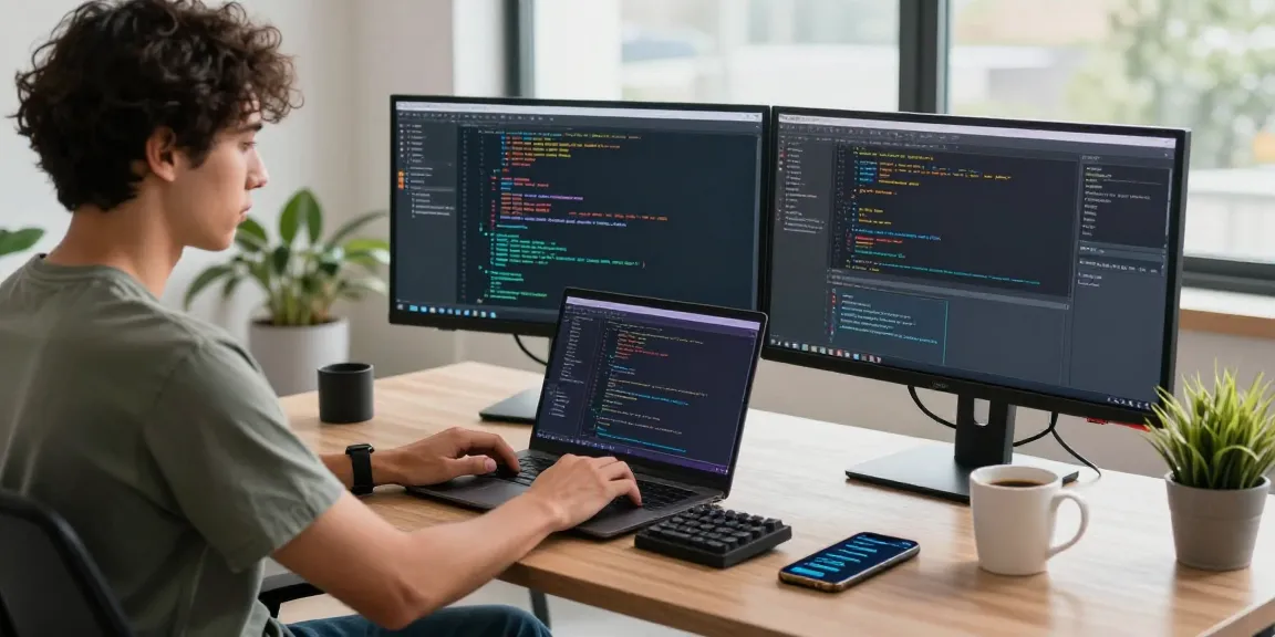 Focused developer using a laptop in a technology workspace at 纸飞机官网, surrounded by code displays and modern office elements.