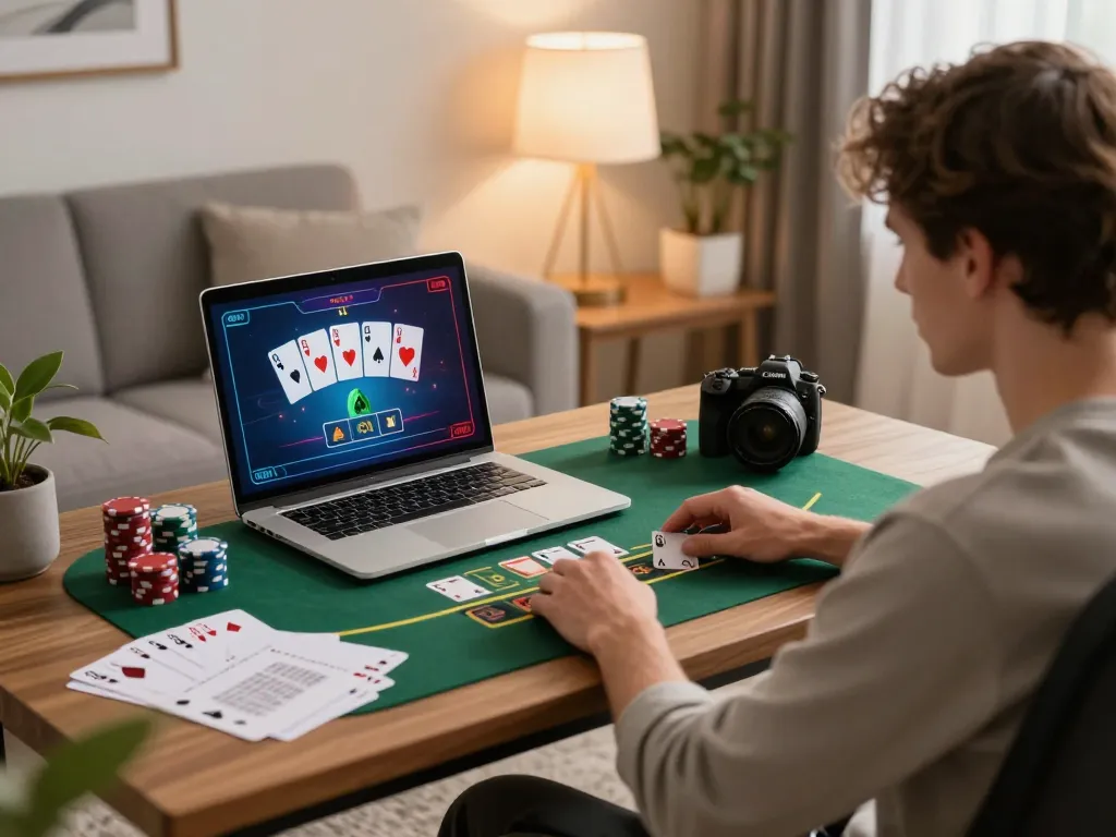 Player enjoying an exciting blackjack game on dn88 platform at home with strategic notes and cozy lighting.