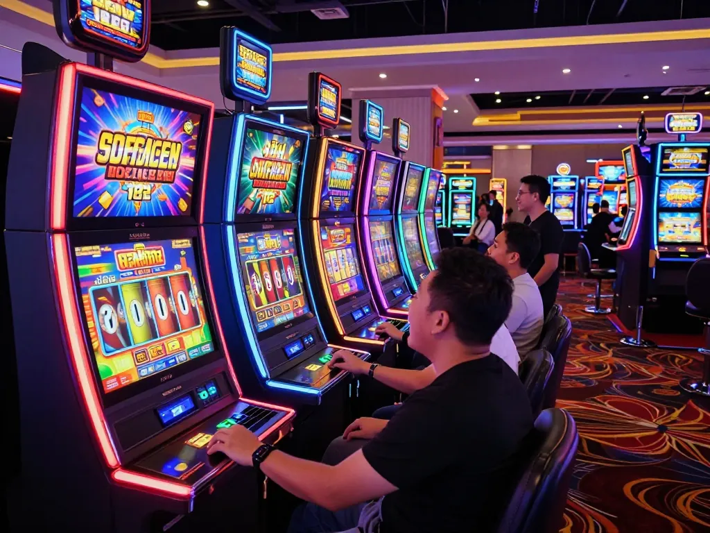 Players enjoying slot gacor machines in a lively casino, showcasing bright lights and excitement.