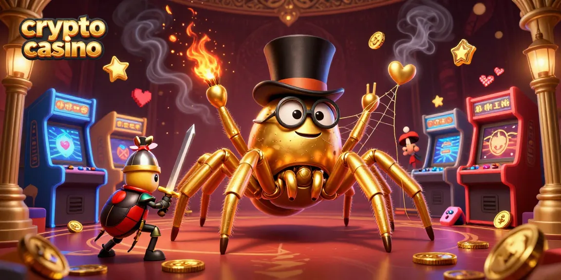 Gioca in un crypto casino con un'esperienza coinvolgente tra un ragno dorato e cavalieri in miniatura in un'illustrazione vibrante.