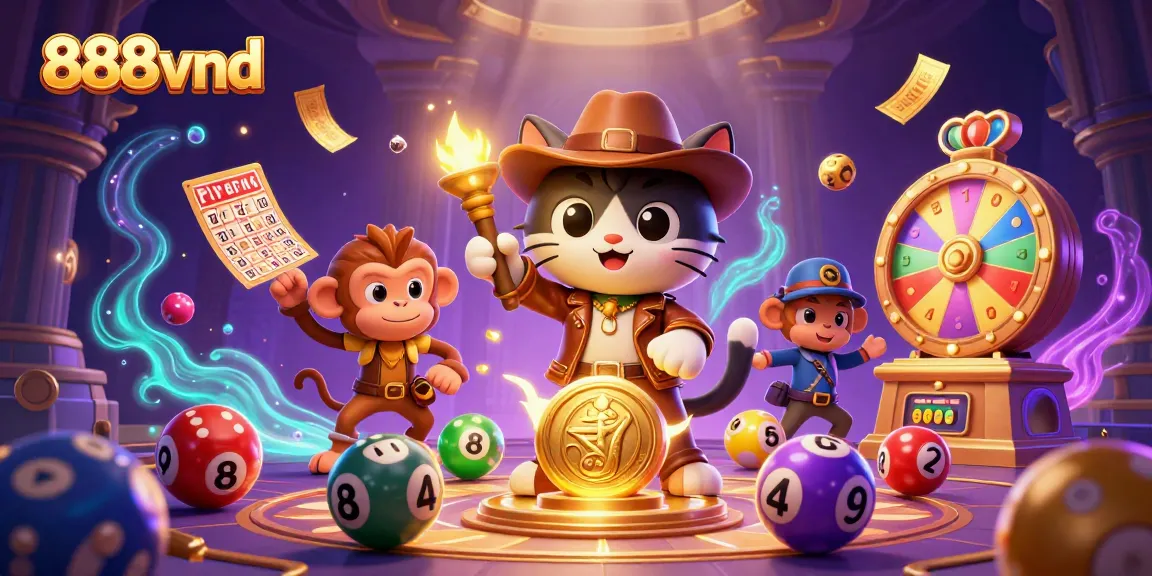 Join the adventure at 888vnd as the archaeologist cat discovers casino treasures amidst vibrant gaming elements.