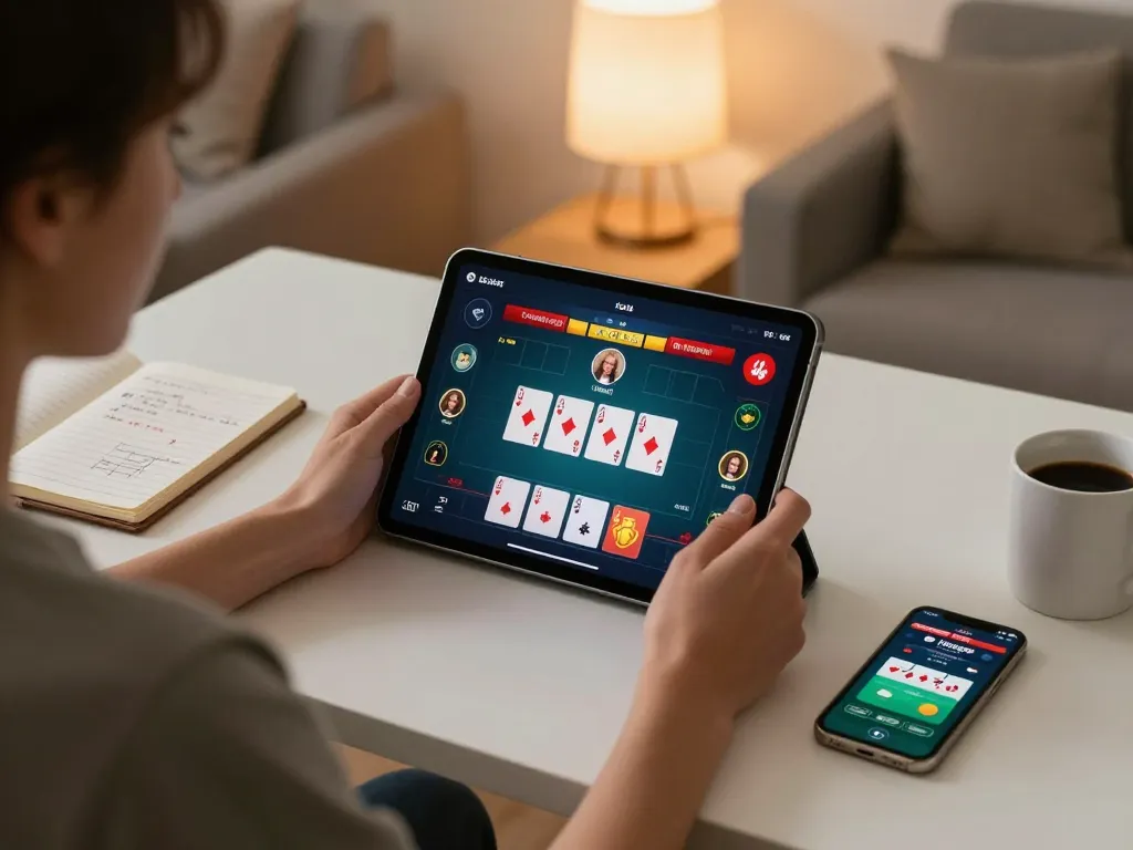 LC99 player strategizing poker hands on tablet while enjoying a cozy home gaming setup.