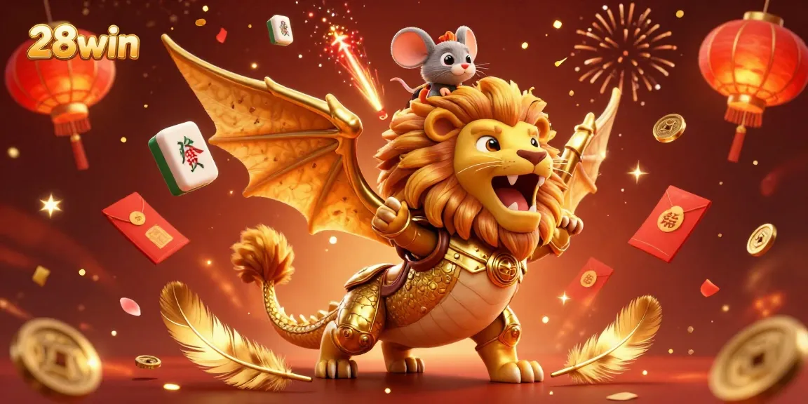 Engage in thrilling gameplay at 28win, featuring animations of triumphant chimera and festive elements.