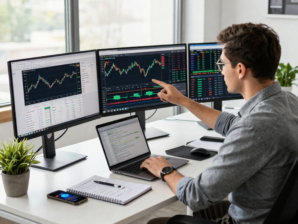 Trader analyzing charts and market depth on MetaTrader 5 in a professional office setup