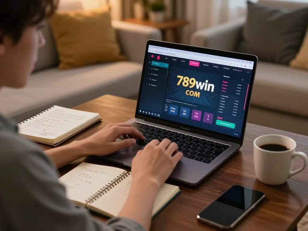 Engaging with 789win com online casino platform in a cozy living room.