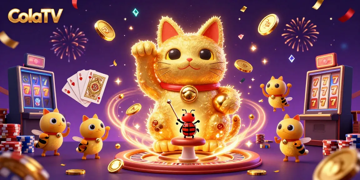 Experience the excitement of ColaTV with a vibrant illustration of a lucky cat, coins, and casino elements.